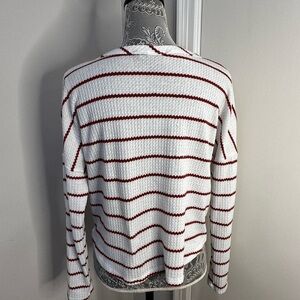 Paper Crane White and Red Striped Tie Front Waffle Knit Long Sleeve Top. Medium